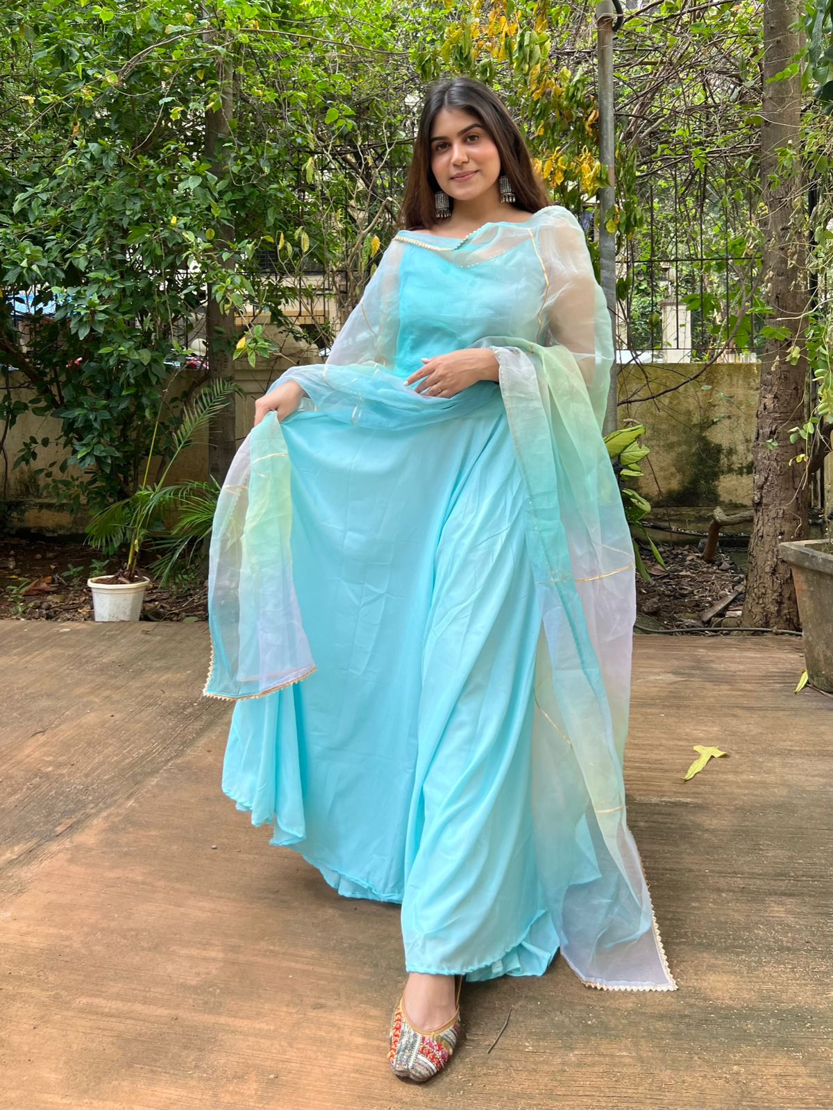 Heavy Sky Firozi Maska Cotton Gown With Dupatta Set