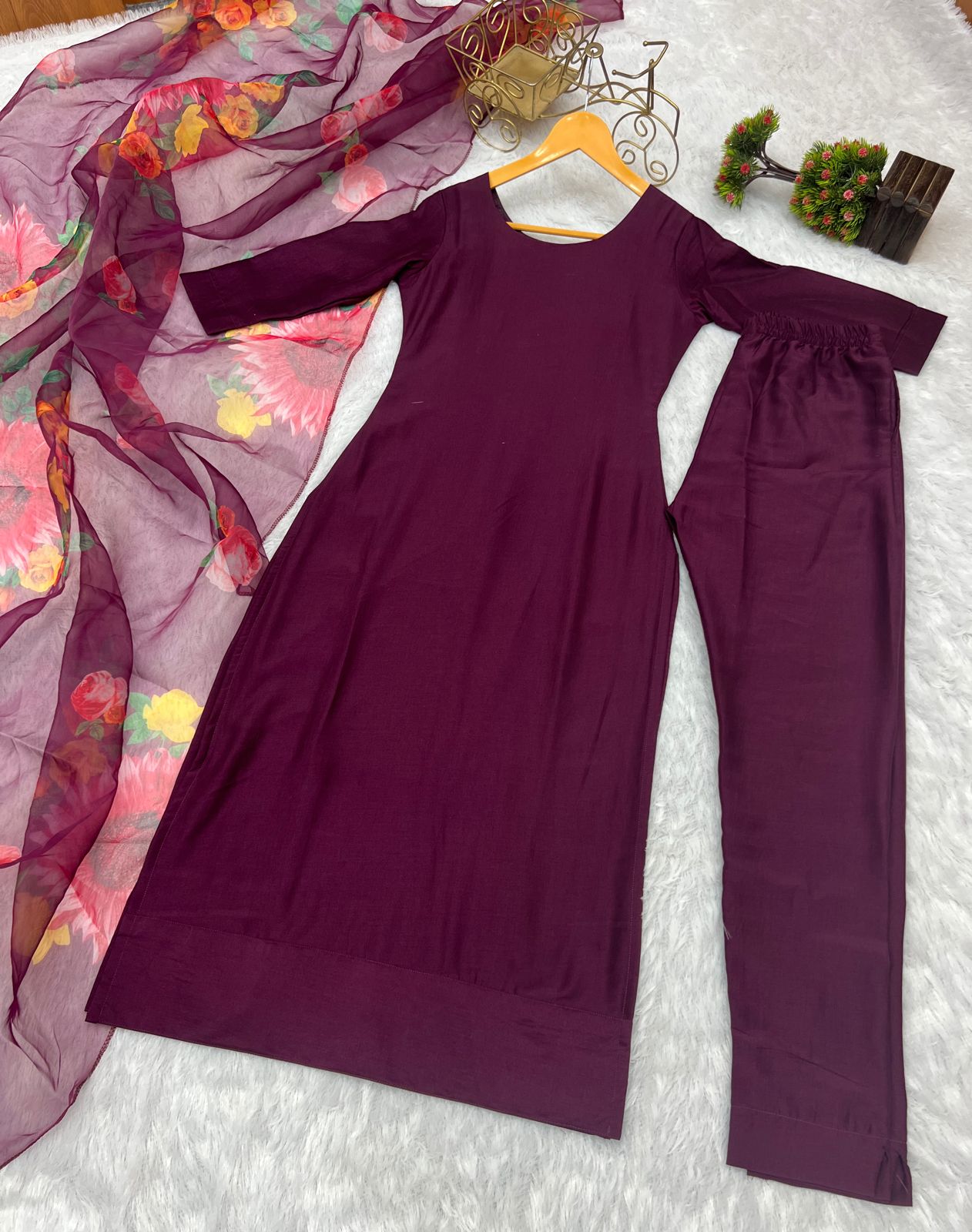 Wine Muska Cotton Kurta Set With Dupatta
