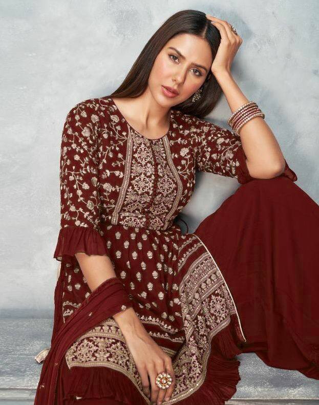 Beautiful Red Fox Georgette Top And Sarara Plazzo With Dupatta