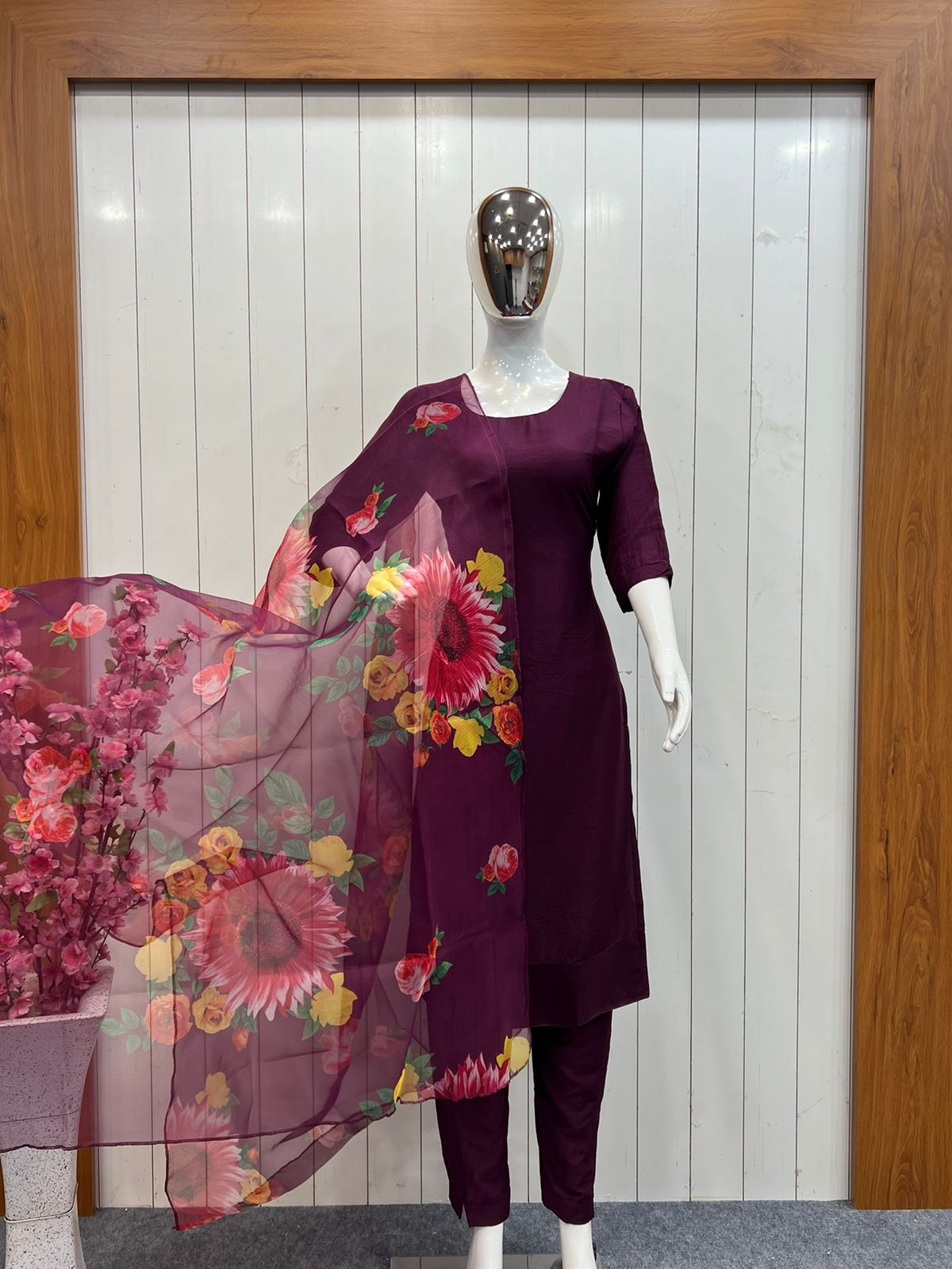 Wine Muska Cotton Kurta Set With Dupatta