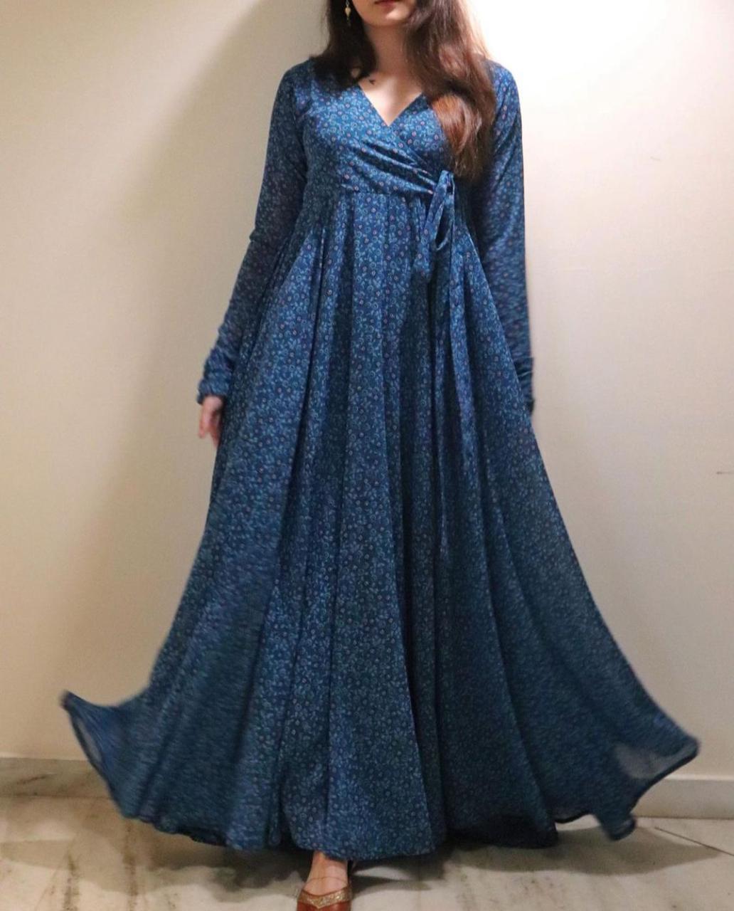 Navy Blue Floral Printed Georgette Gown