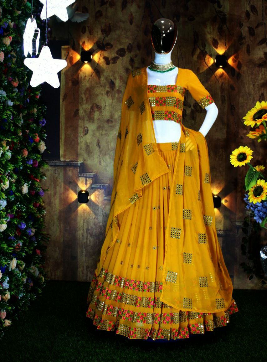 Mustered Embroidered Faux Georgette Party Wear Lehenga Choli