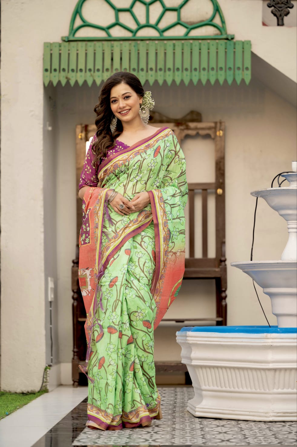 Pale Green Linen Cotton Pichwai Print Saree
