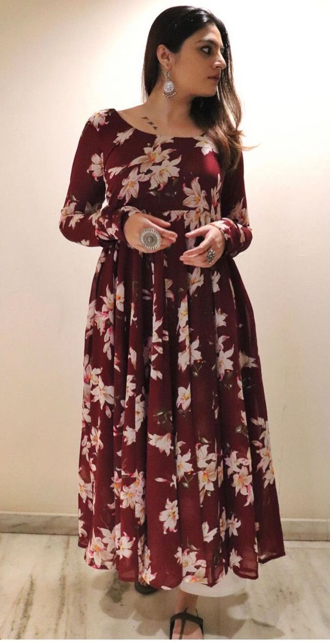 Red Georgette Gown With Digital Flower Print
