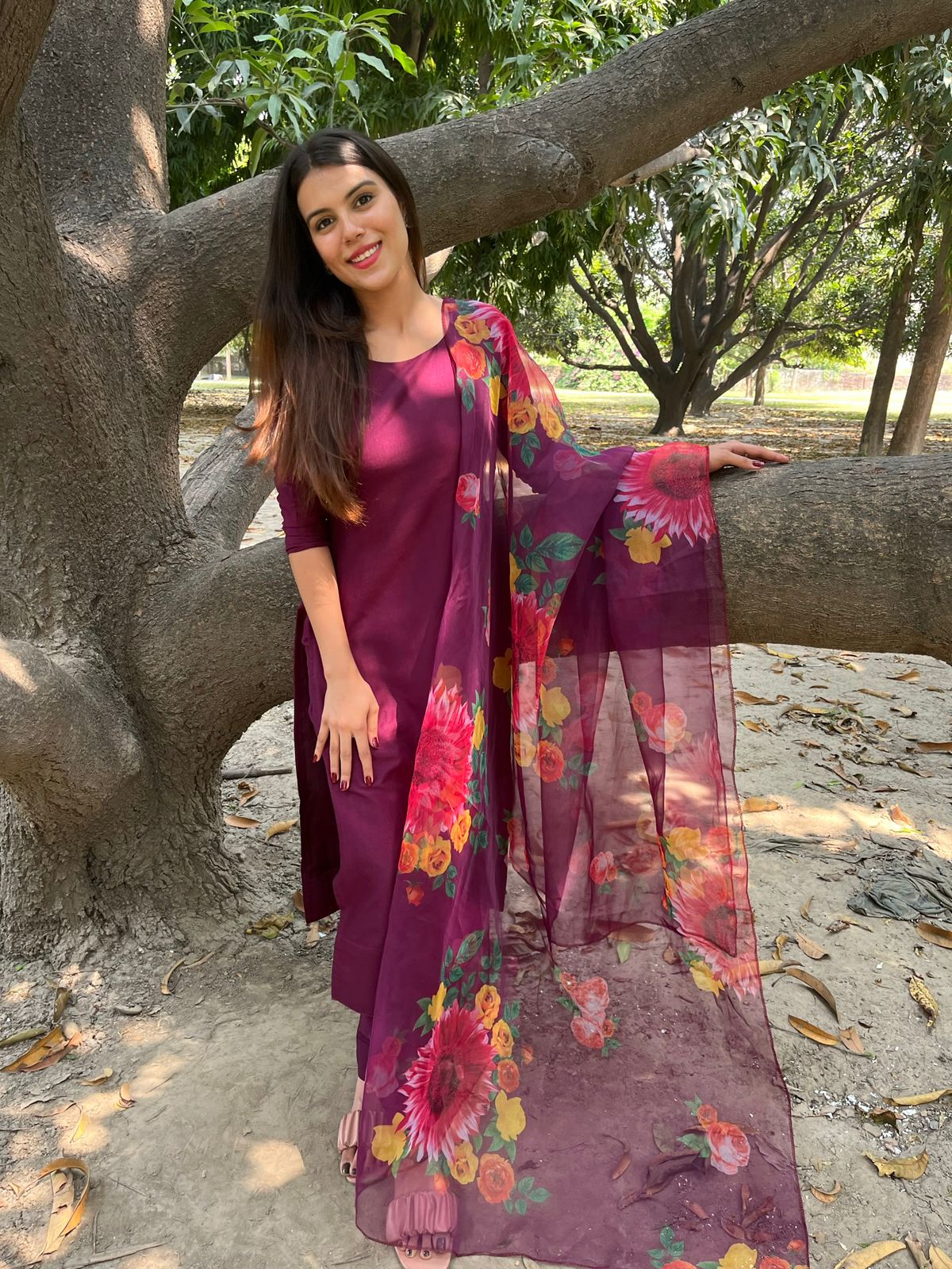 Wine Muska Cotton Kurta Set With Dupatta