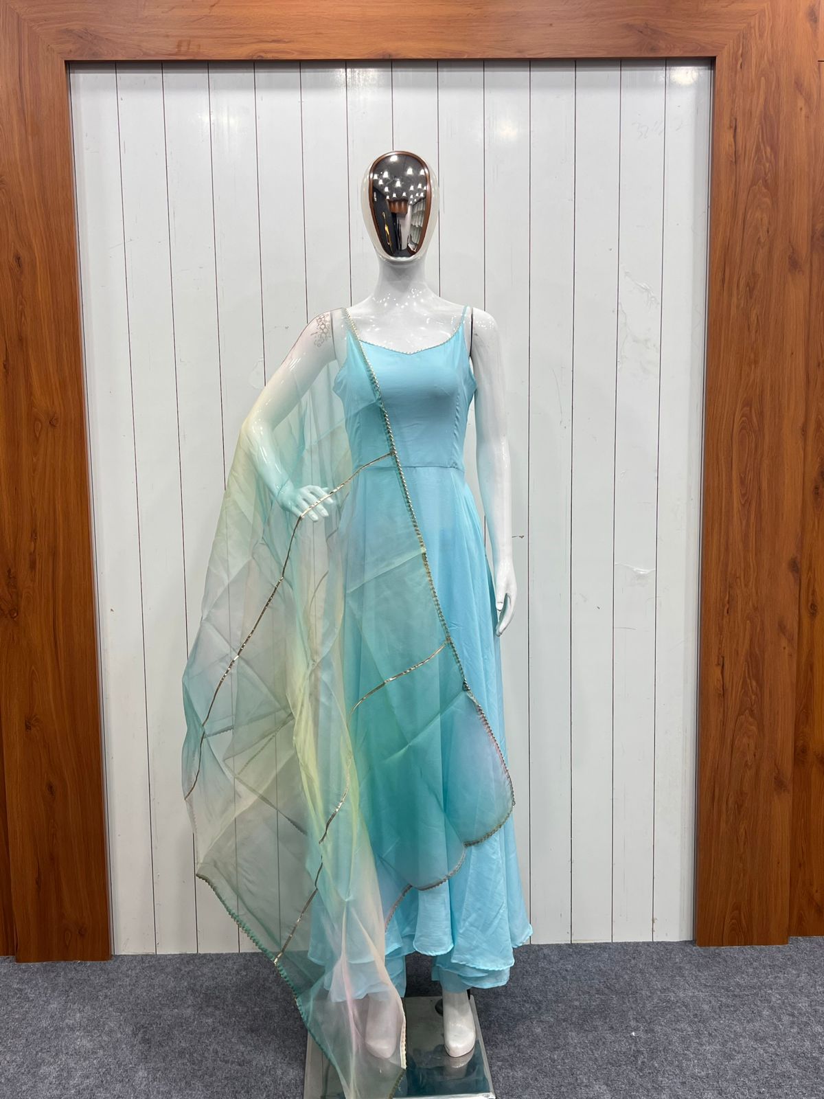 Heavy Sky Firozi Maska Cotton Gown With Dupatta Set