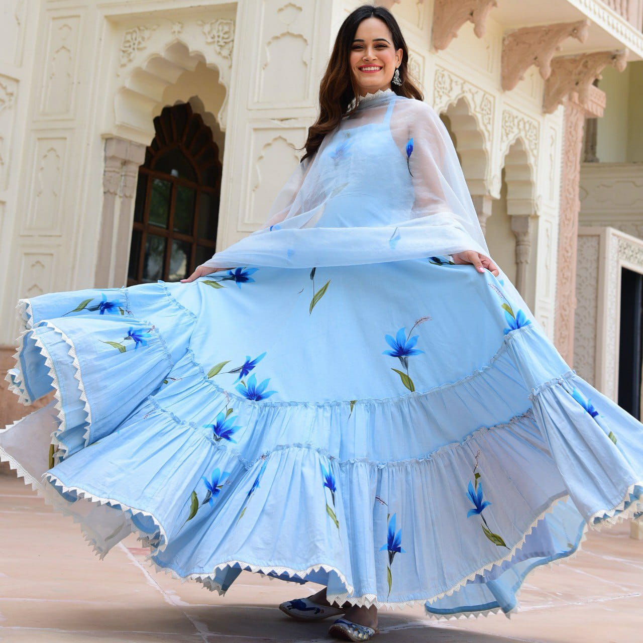 Cotton Floral Printed Maxi Gown With Dupatta Set