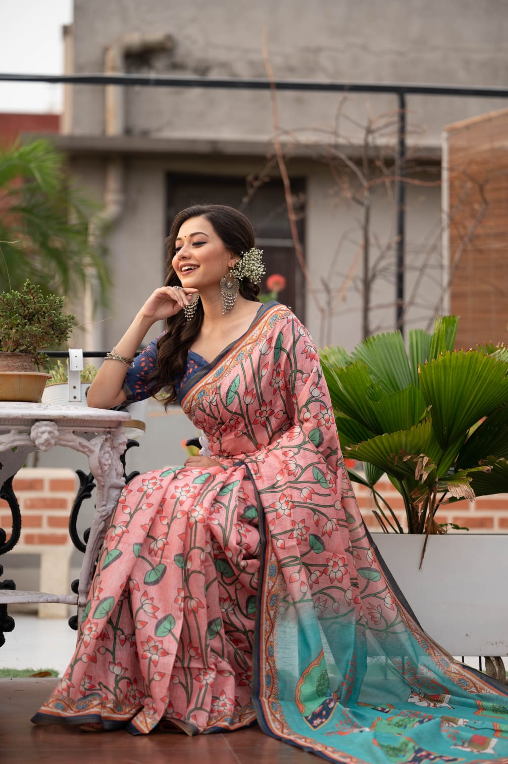 Rose Pink Linen Cotton Pichwai Print Saree