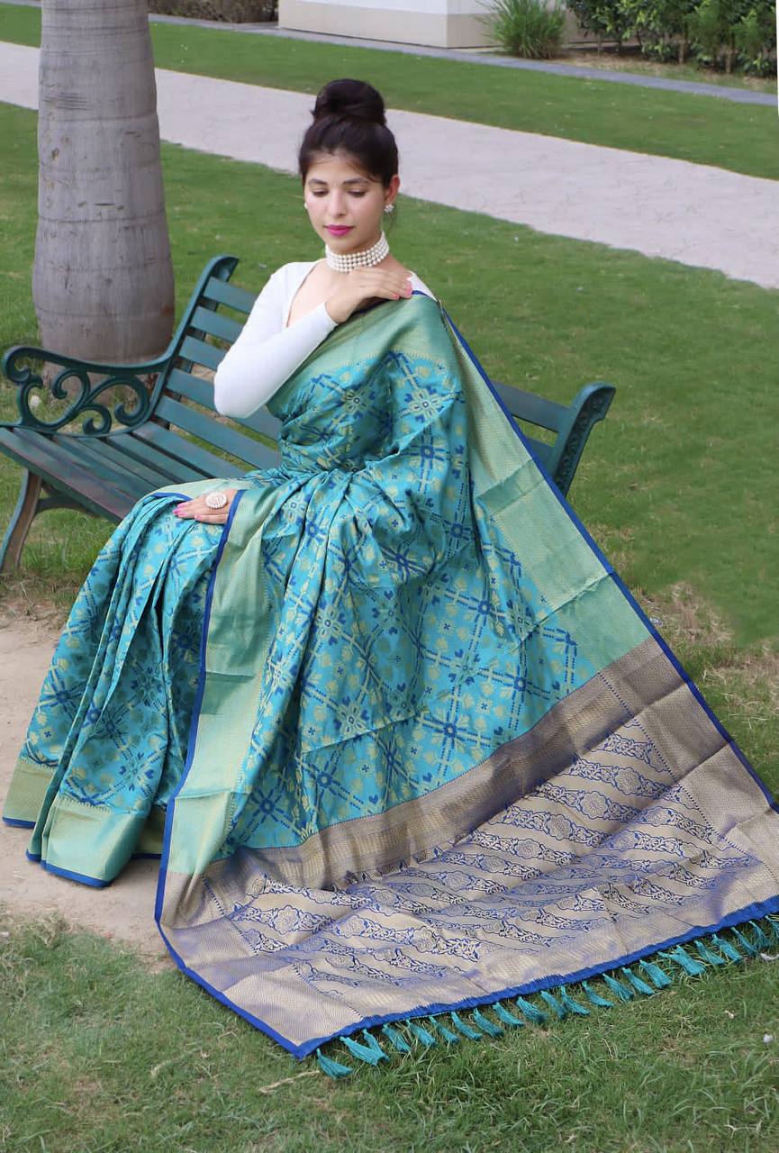 Sky Blue Bandhej Silk Saree With Weaving Gold Zari Border