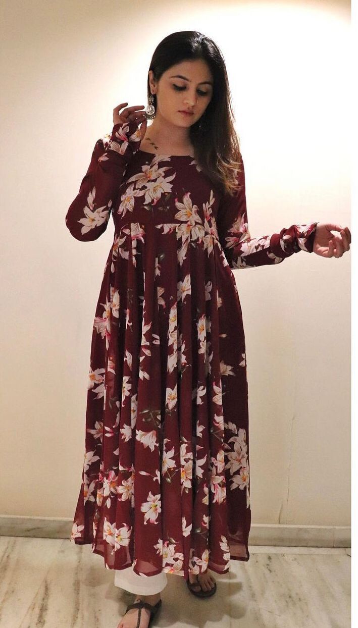 Red Georgette Gown With Digital Flower Print