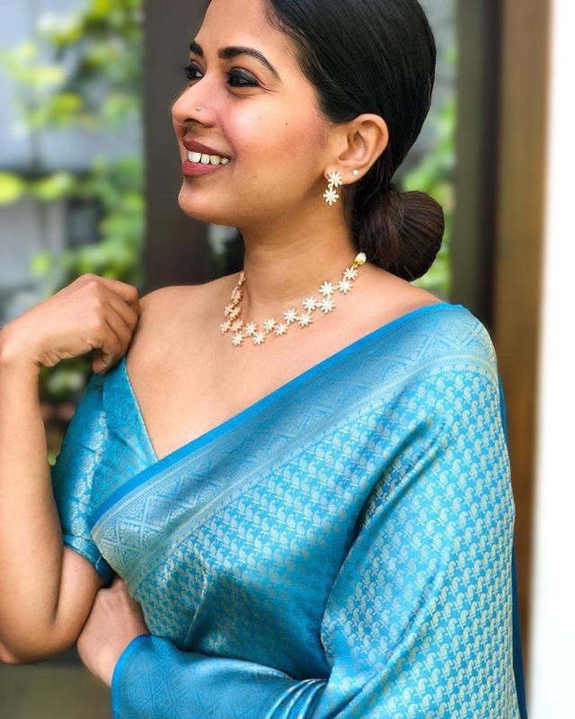 Sky Silver Lichi Silk Banarasi Saree