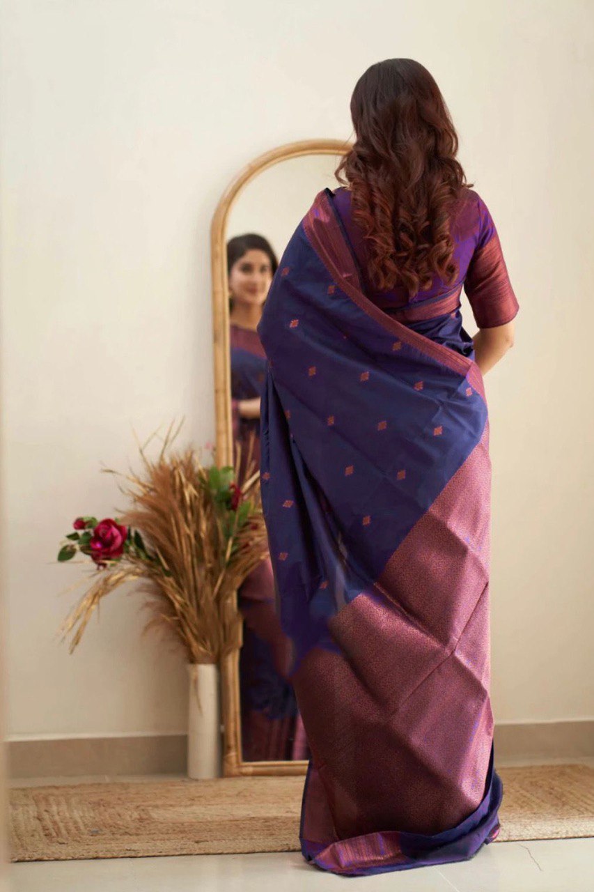 Nevy Blue Coper Weaving Lichi Silk Banarasi Saree
