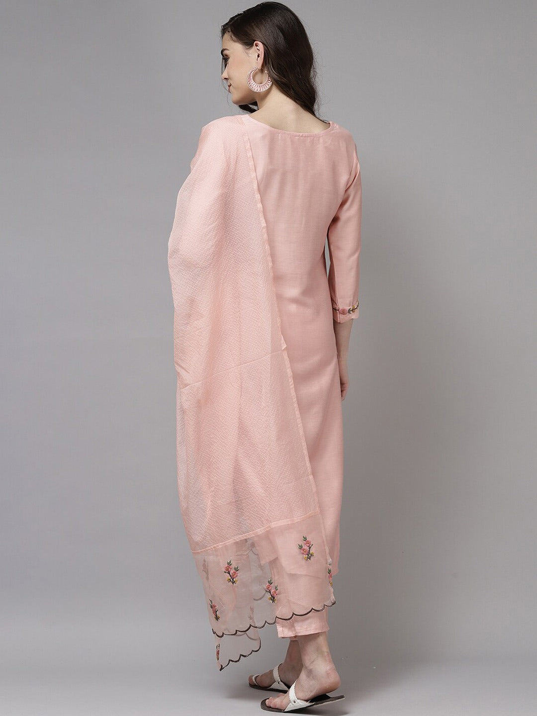 Viscose Rayon Slub Peach Embroidery Kurta Set With Dupatta