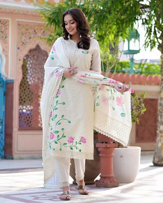 Heavy Chicken Cotton White Kurta Set