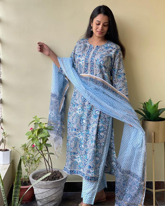 Women's Cotton Printed and Embroidery Work Kurta And Dupatta With Pant