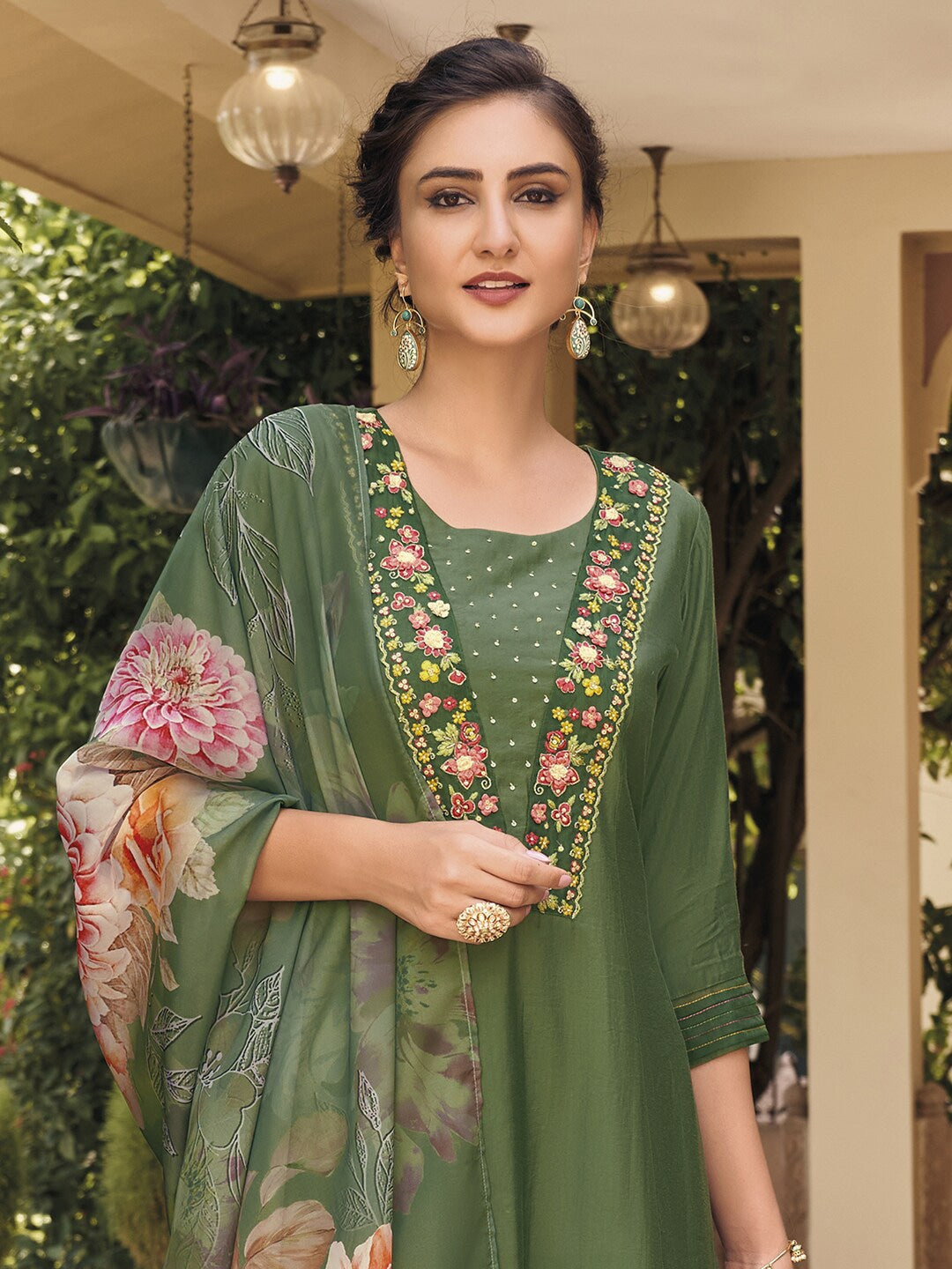 Viscose Rayon Embroidered Kurta With Printed Dupatta Set