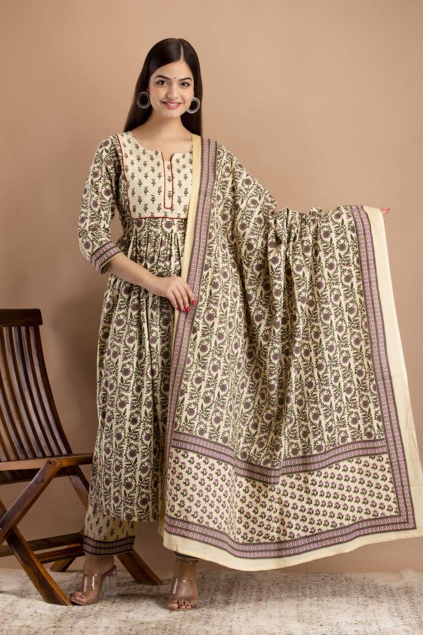 Women's Beautiful Hand Block Print Long Slit Cotton Kurta With Dupatta And Bottomwear
