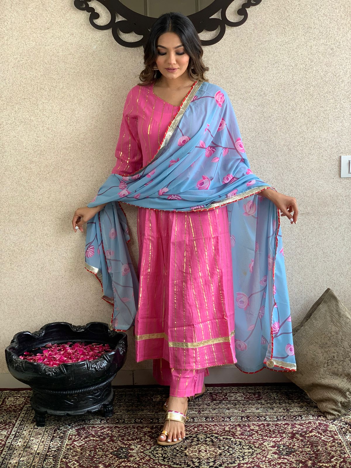 Beautiful Printed Pink Colour Cotton kurta pant and dupatta set