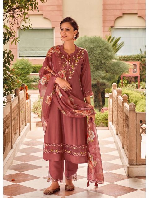 Viscose Rayon Embroidered Kurta With Printed Dupatta Set