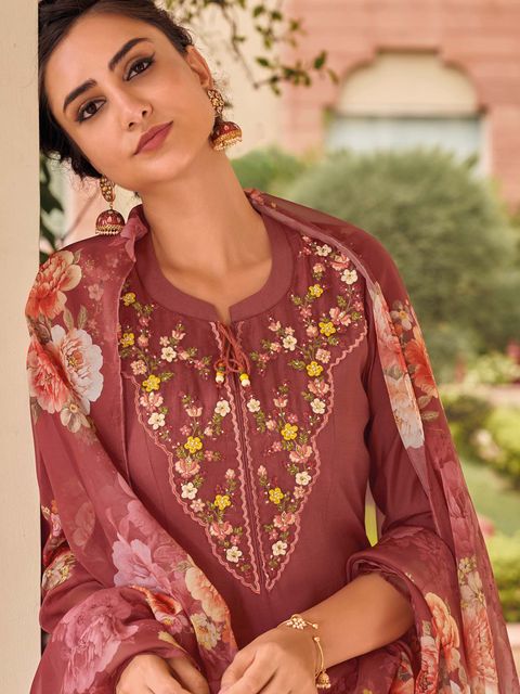 Viscose Rayon Embroidered Kurta With Printed Dupatta Set