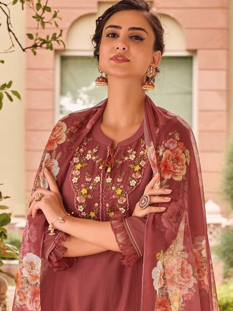 Viscose Rayon Embroidered Kurta With Printed Dupatta Set