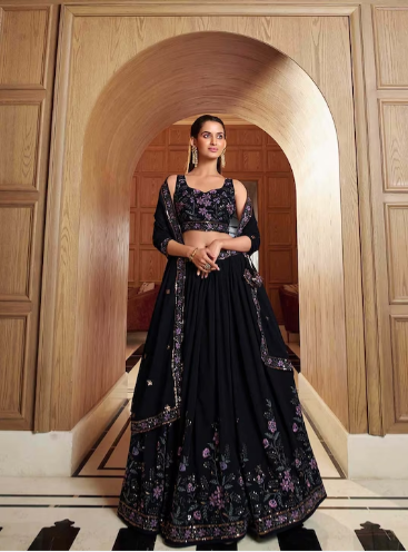 Embroidered Semi-Stitched Navy Blue Lehenga & Unstitched Blouse With Dupatta