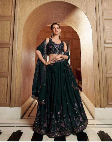 Embellished Sequined Semi-Stitched Teal Green Lehenga & Unstitched Blouse With Dupatta