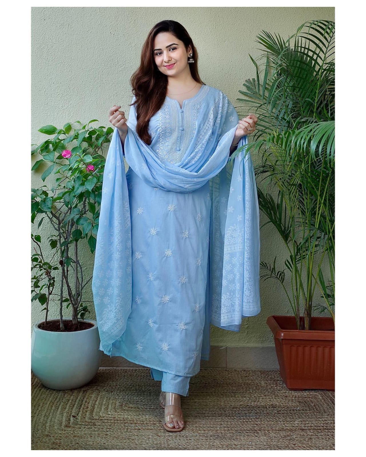 Cotton Sky Blue Kurti With Dupatta Set