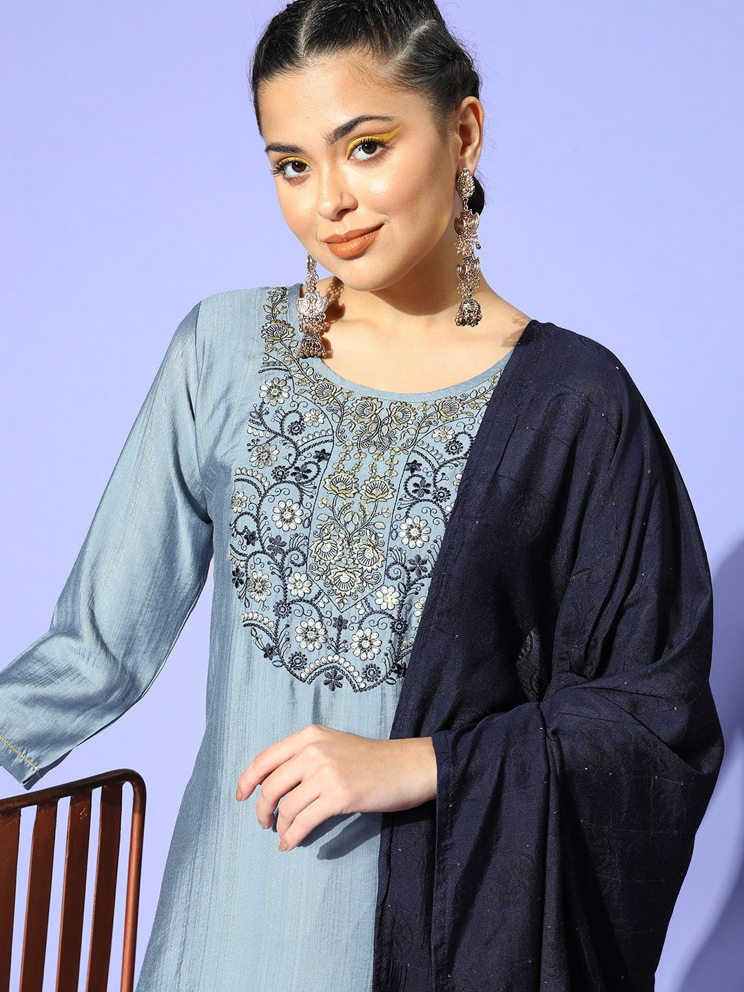 Viscose Rayon Skyblue Embroidery Kurta Set With Dupatta Set