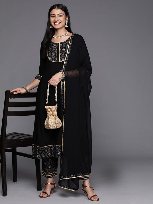 Rayon Slub Gorgeous Printed Black Kurta Set