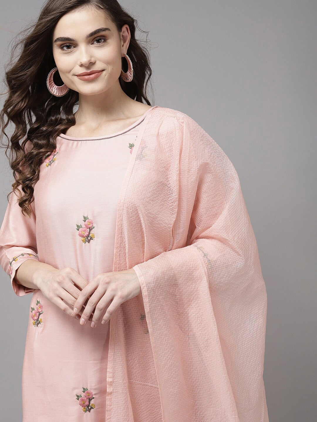 Viscose Rayon Slub Peach Embroidery Kurta Set With Dupatta