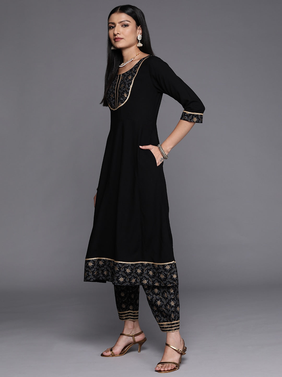 Rayon Slub Gorgeous Printed Black Kurta Set