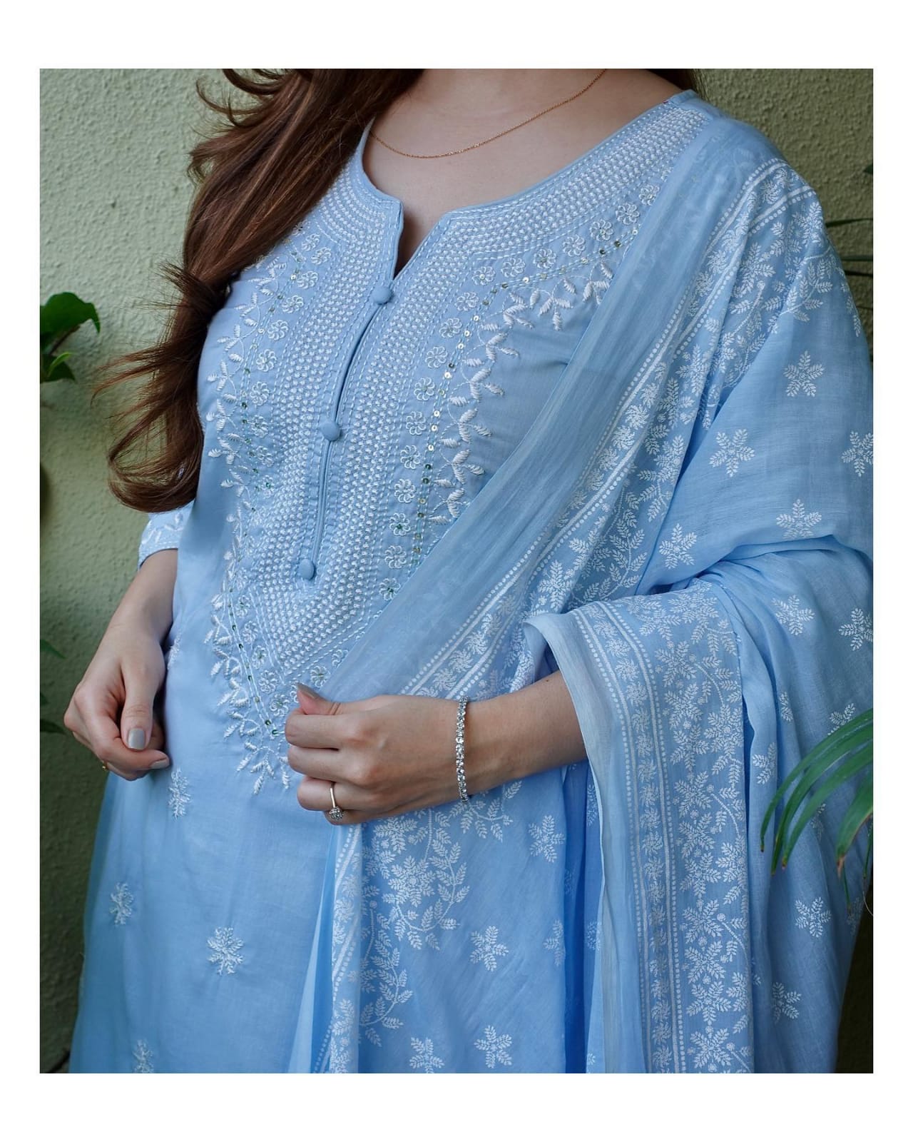 Cotton Sky Blue Kurti With Dupatta Set