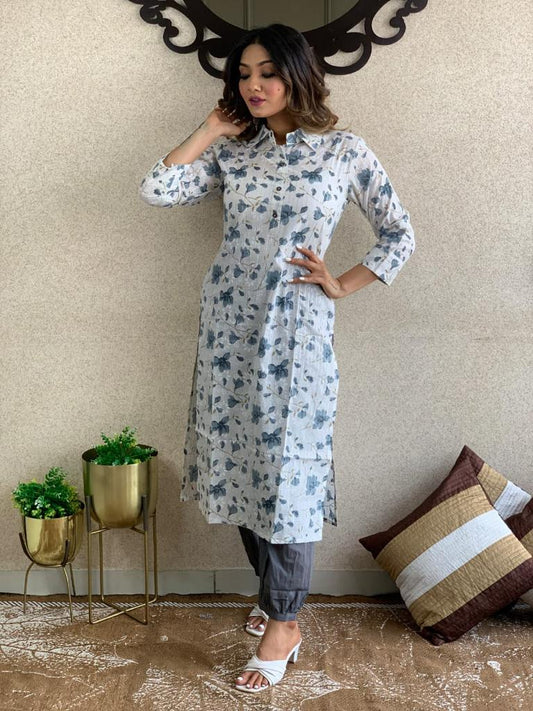 Beautiful Cotton Grey Colour Kurti With Pant