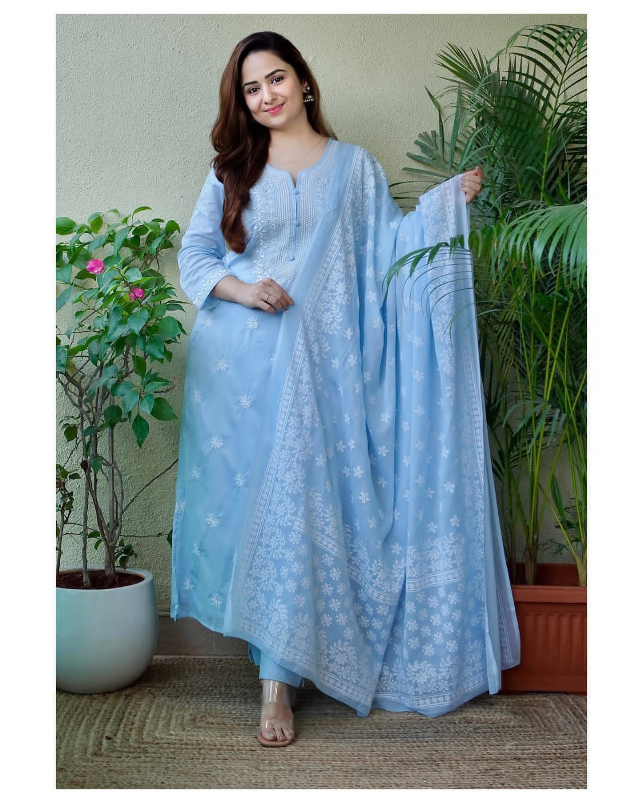 Cotton Sky Blue Kurti With Dupatta Set