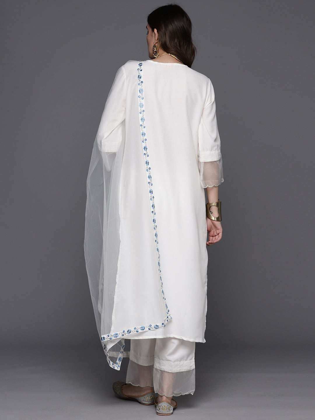 Viscose Chanderi White Embroidery Kurta Set With Dupatta Set