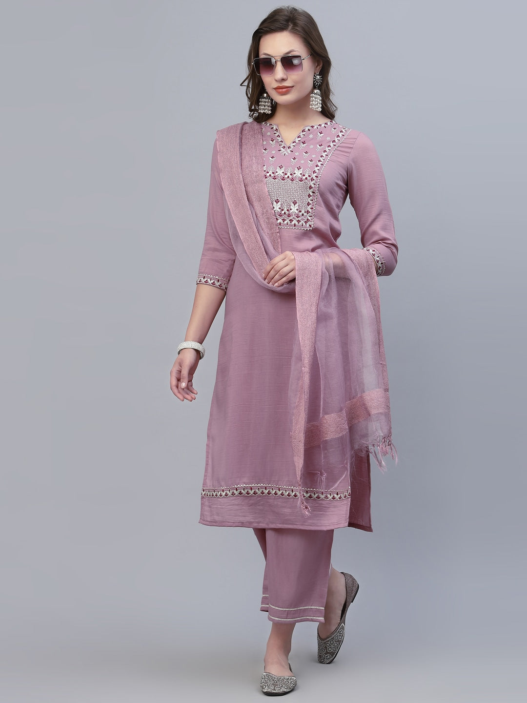 Viscose Rayon Slub Kurta Set With Printed Dupatta Set