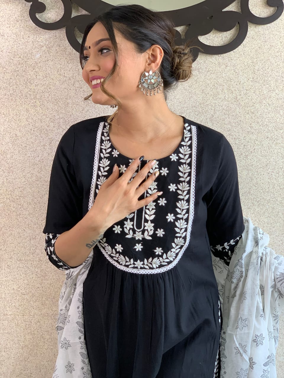 Chikankari Cotton Kurta With Self Hand Embroidery Work And Printed Dupatta Set