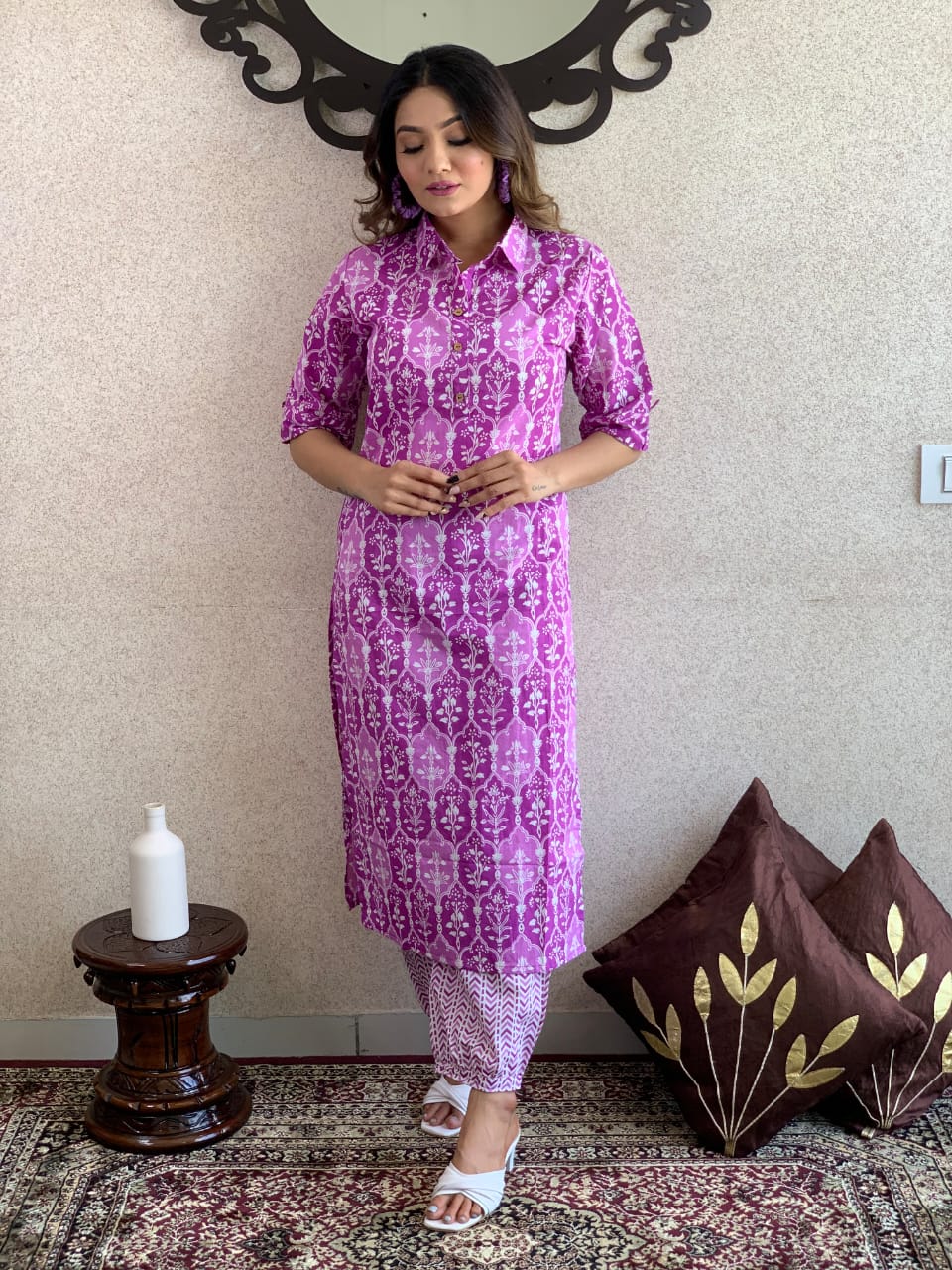 Women's Beautiful Purple Colour Cotton Kurta With Bottomwear