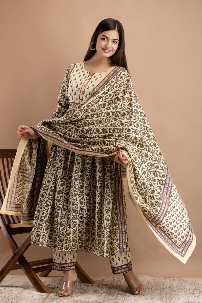 Women's Beautiful Hand Block Print Long Slit Cotton Kurta With Dupatta And Bottomwear
