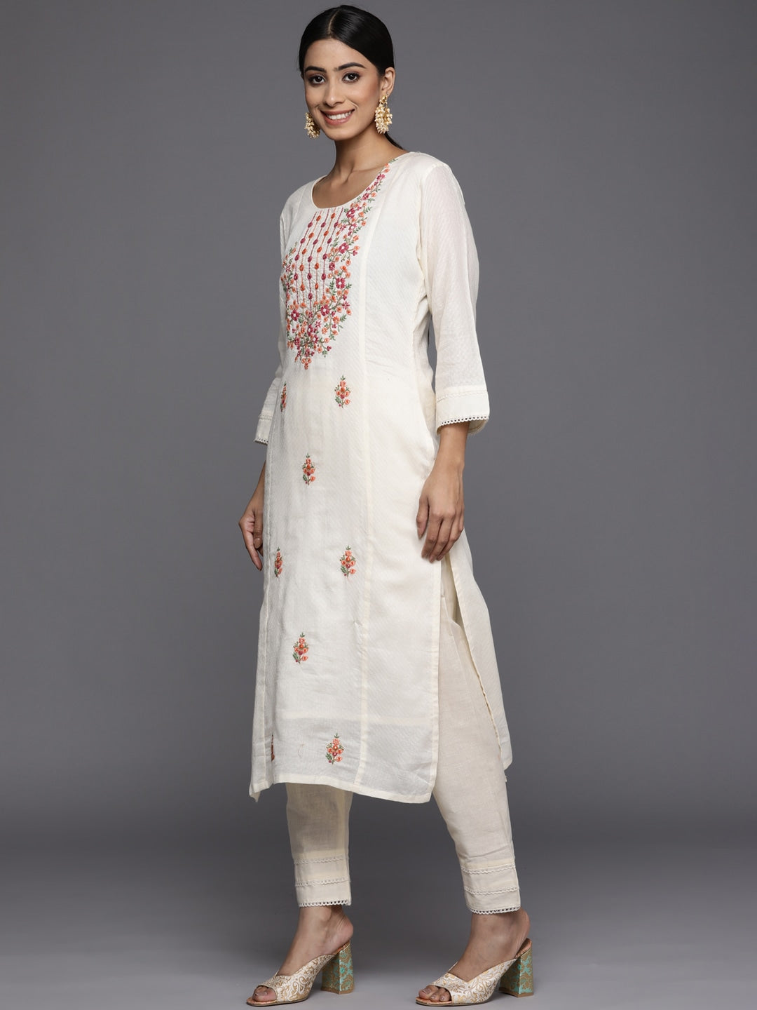 Viscose Rayon White Embroidery Kurta Set With Dupatta Set