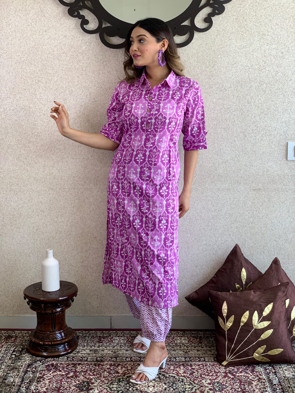 Women's Beautiful Purple Colour Cotton Kurta With Bottomwear