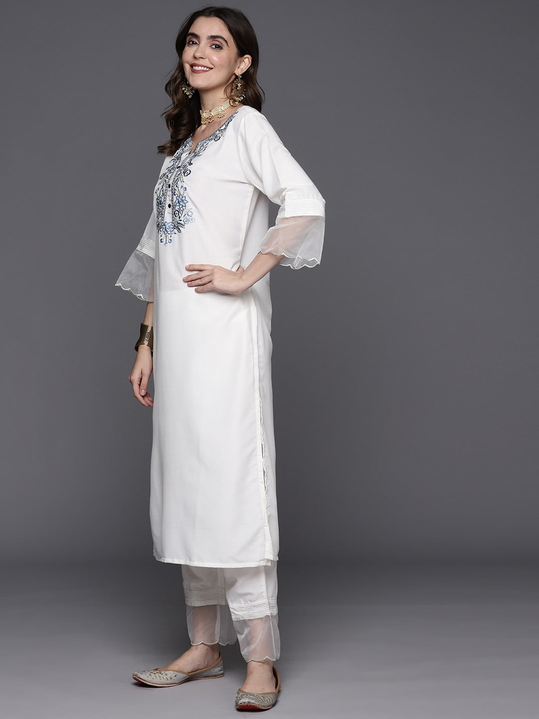 Viscose Chanderi White Embroidery Kurta Set With Dupatta Set