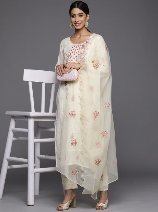 Viscose Rayon White Embroidery Kurta Set With Dupatta Set