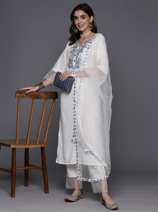 Viscose Chanderi White Embroidery Kurta Set With Dupatta Set