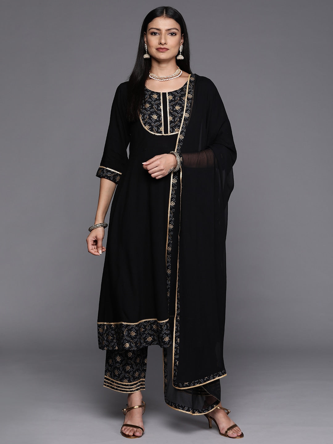 Rayon Slub Gorgeous Printed Black Kurta Set