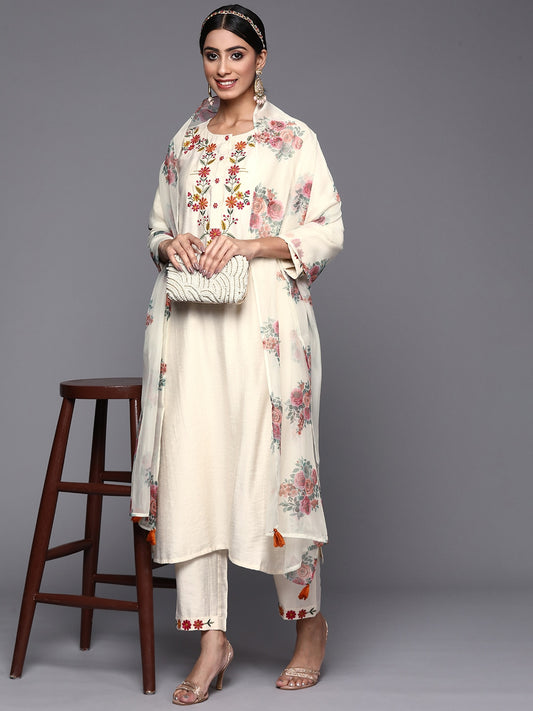 Viscose Rayon Embroidered Kurta With Printed Dupatta Set