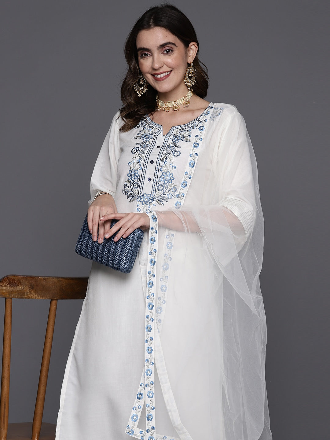 Viscose Chanderi White Embroidery Kurta Set With Dupatta Set