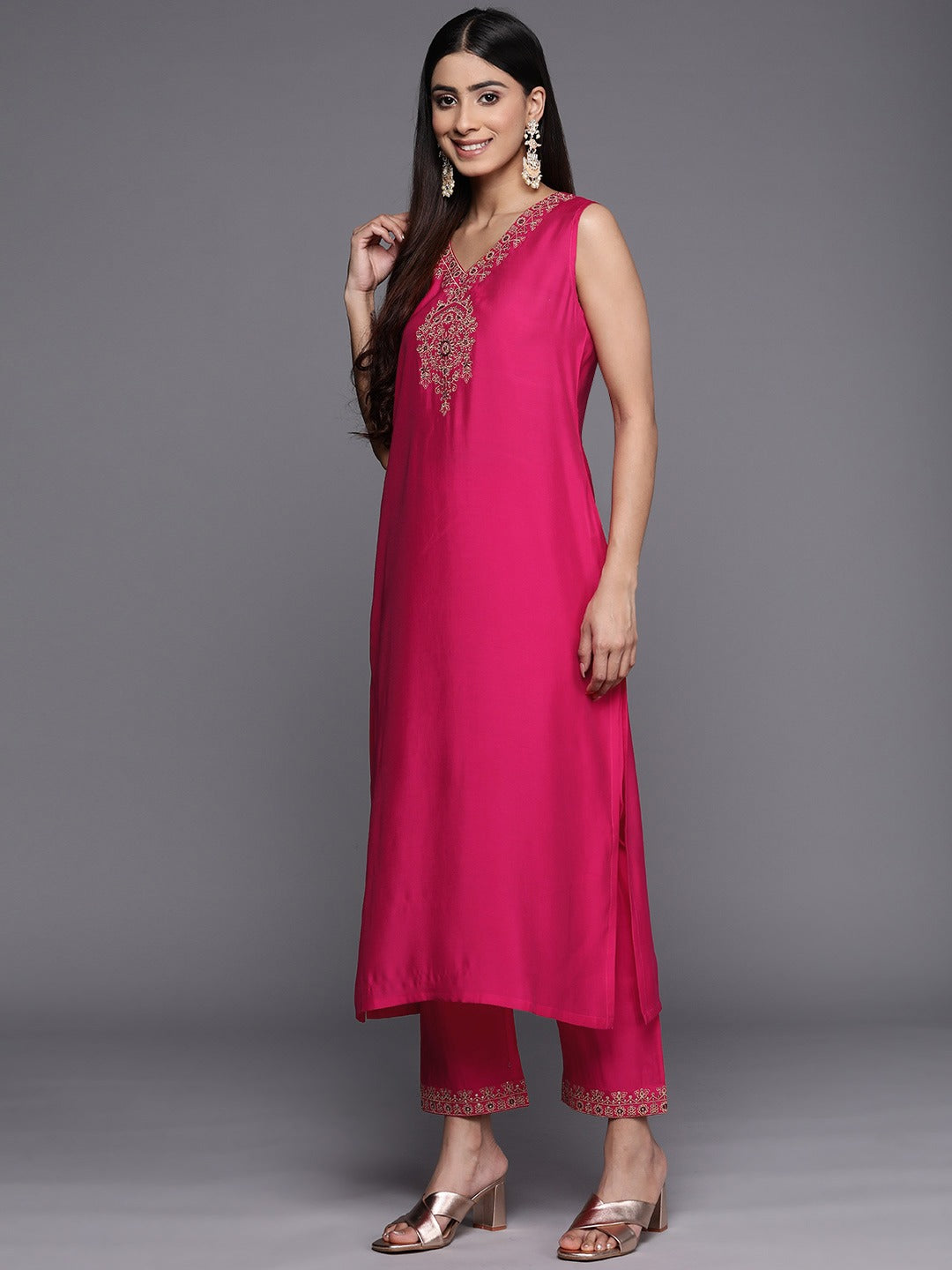 Viscose Rayon Magenta Sequence Embroidery Kurta Set With Dupatta Set