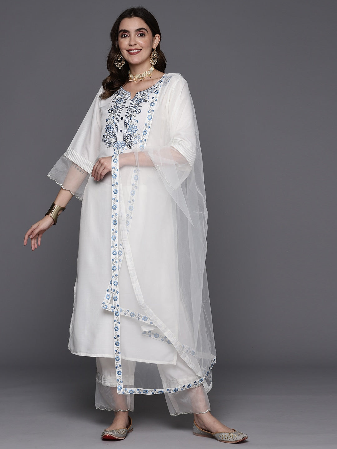 Viscose Chanderi White Embroidery Kurta Set With Dupatta Set